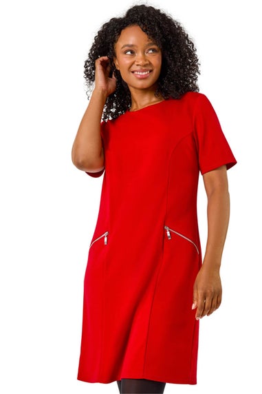 Roman Red Petite Zip Detail Pocket Shift Dress