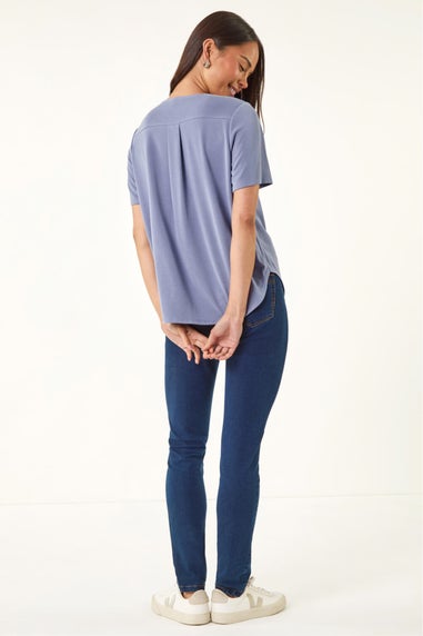 Roman Blue Petite V-Neck Buttoned Blouse