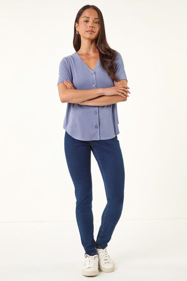 Roman Blue Petite V-Neck Buttoned Blouse