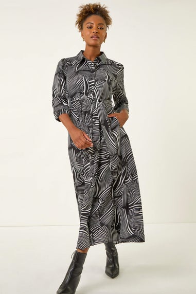 Roman Black Abstract Print Midi Shirt Dress