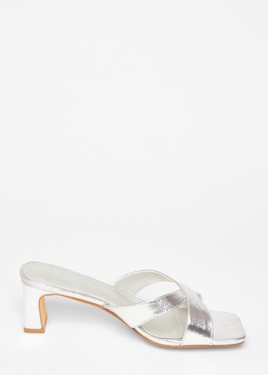 Quiz Silver Wide Fit Cross Strap Mule Heels