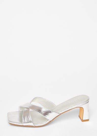 Quiz Silver Wide Fit Cross Strap Mule Heels