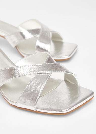 Quiz Silver Wide Fit Cross Strap Mule Heels