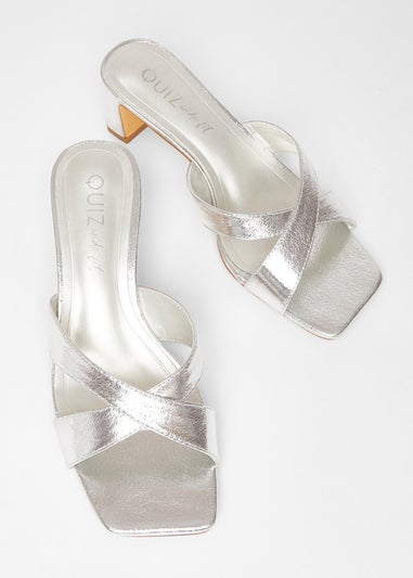Quiz Silver Wide Fit Cross Strap Mule Heels