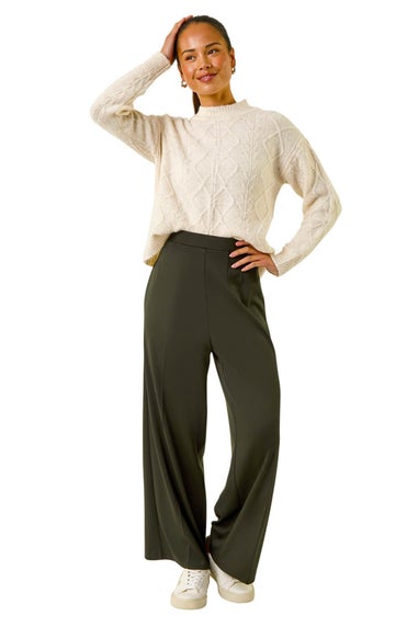 Roman Khaki Petite Wide Leg Ponte Stretch Trouser