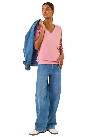 Roman Pink V-Neck Grown On Sleeve Stretch Top
