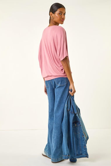 Roman Pink V-Neck Grown On Sleeve Stretch Top