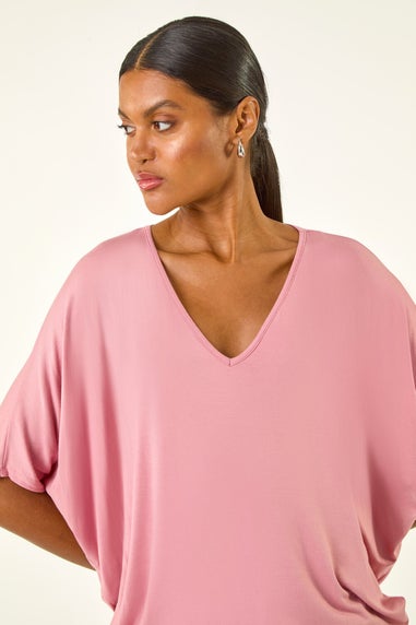 Roman Pink V-Neck Grown On Sleeve Stretch Top
