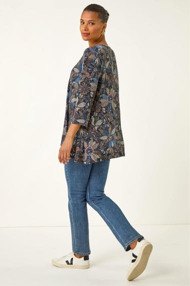 Roman Blue Floral Puff Print Stretch Shirt