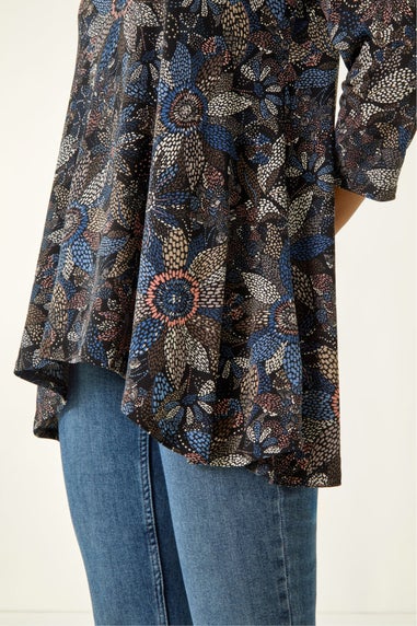 Roman Blue Floral Puff Print Stretch Shirt