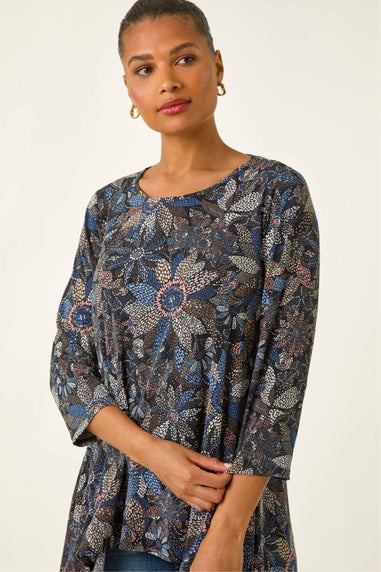 Roman Blue Floral Puff Print Stretch Shirt