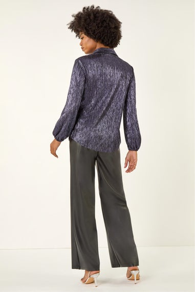 Roman Midnight Blue Foil Plisse Button Through Blouse