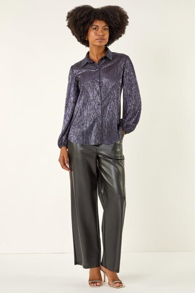 Roman Midnight Blue Foil Plisse Button Through Blouse