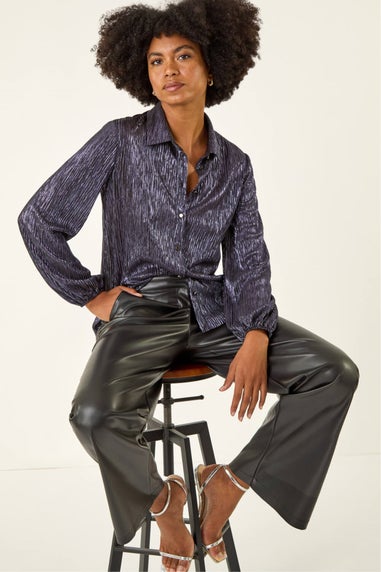 Roman Midnight Blue Foil Plisse Button Through Blouse