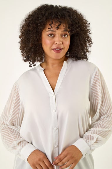 Roman Ivory Curve V-Neck Button Blouse