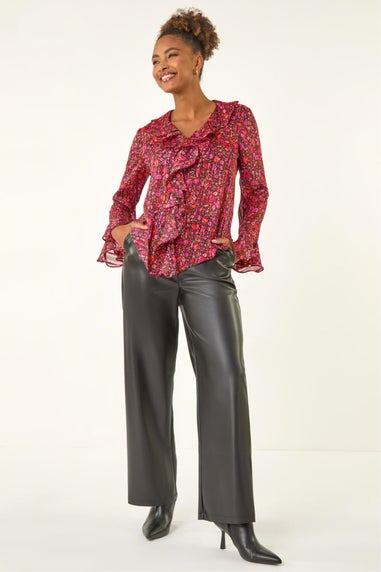 Roman Pink Floral Frill Metallic Blouse