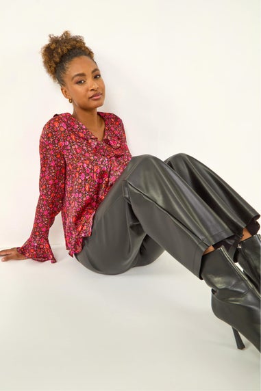 Roman Pink Floral Frill Metallic Blouse