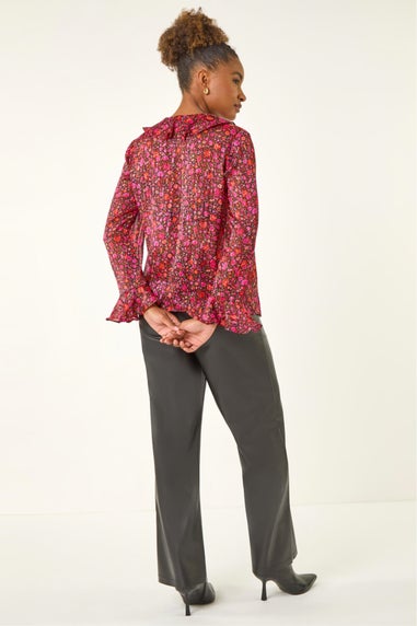Roman Pink Floral Frill Metallic Blouse