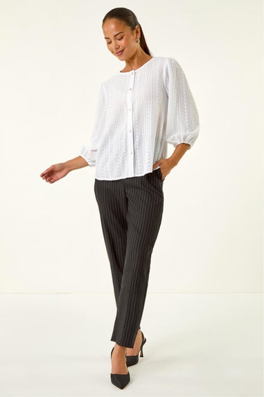 Roman White Petite Textured Buttoned Blouse