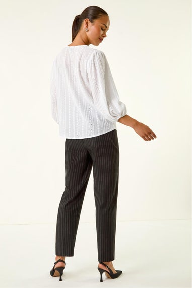 Roman White Petite Textured Buttoned Blouse