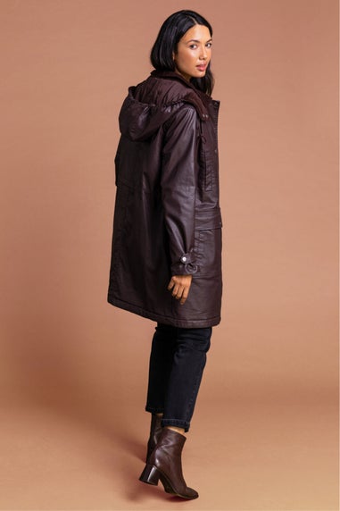 Roman Chocolate Waxed Longline Hooded Coat