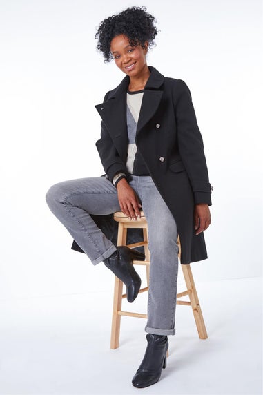 Roman Black Petite Double Breasted Military Coat