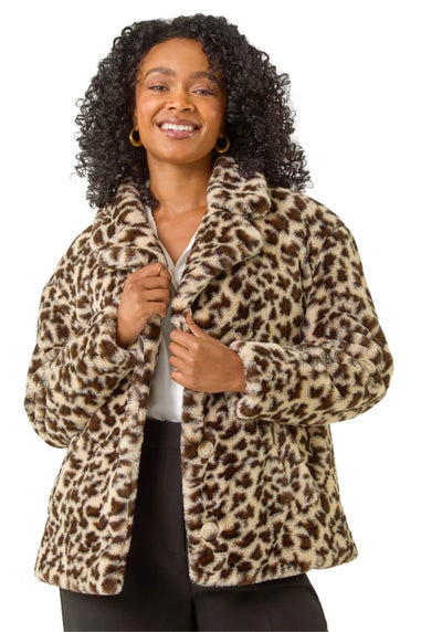 Roman Beige Petite Leopard Fur Coat