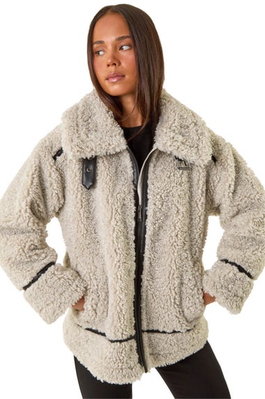 Roman Stone Petite Borg Contrast Aviator Coat
