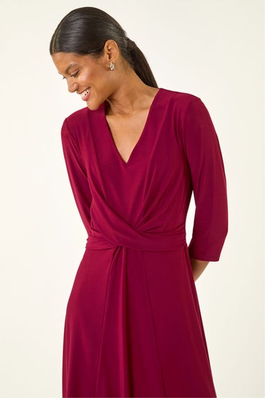 Roman Wine Stretch Crossover Midi Dress