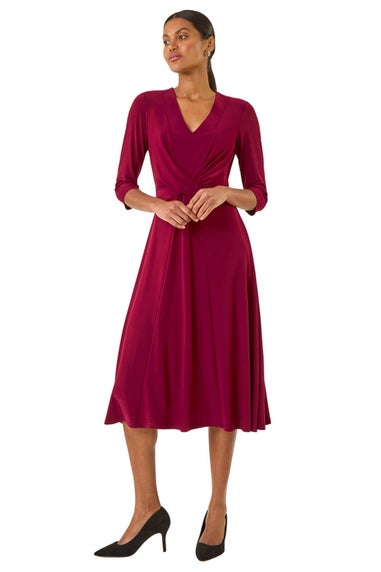Roman Wine Stretch Crossover Midi Dress