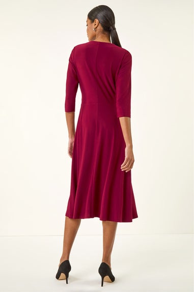 Roman Wine Stretch Crossover Midi Dress