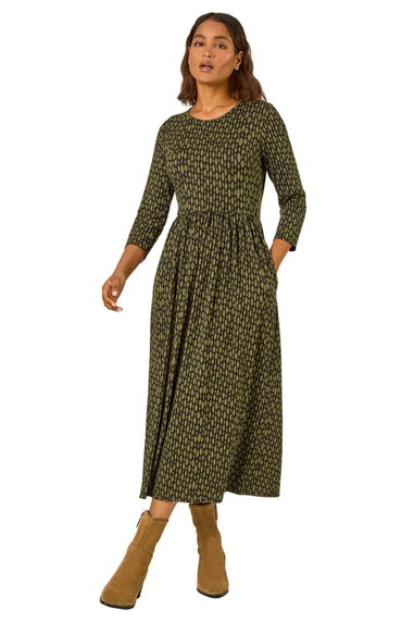 Roman Khaki Geometric Pocket Stretch Midi Dress