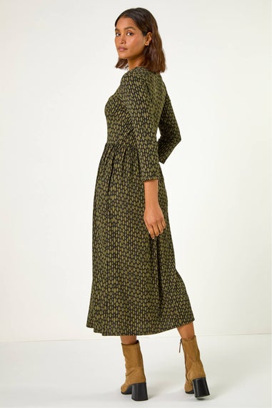 Roman Khaki Geometric Pocket Stretch Midi Dress