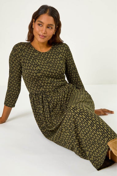 Roman Khaki Geometric Pocket Stretch Midi Dress
