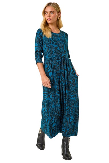 Roman Teal Petite Swirl Print Stretch Midi Dress