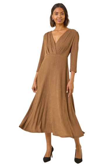 Roman Taupe Textured Wrap Midi Dress