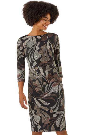 Roman Brown Abstract Print Ruched Midi Stretch Dress