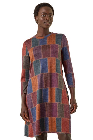 Roman Red Patchwork Button Swing Dress