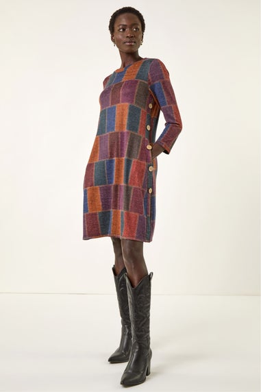 Roman Red Patchwork Button Swing Dress