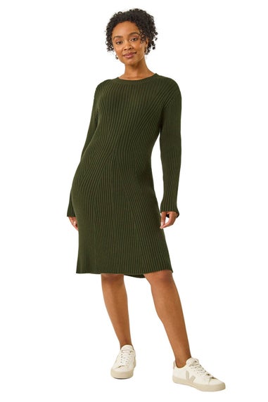 Roman Khaki Petite Ribbed Knitted Dress