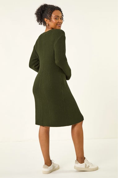 Roman Khaki Petite Ribbed Knitted Dress