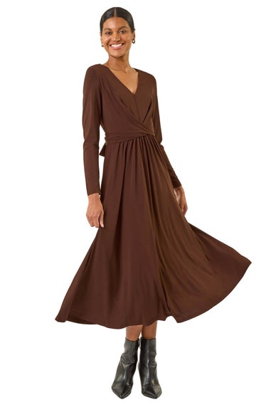 Roman Chocolate Twist Front Stretch Midi Dress