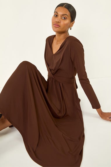 Roman Chocolate Twist Front Stretch Midi Dress