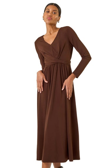 Roman Chocolate Twist Front Stretch Midi Dress