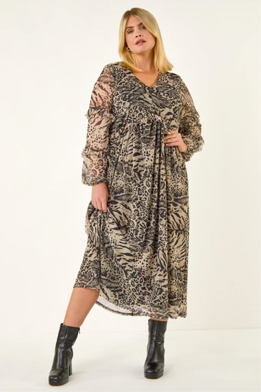 Roman Black Curve Animal Print Frill Midi Dress