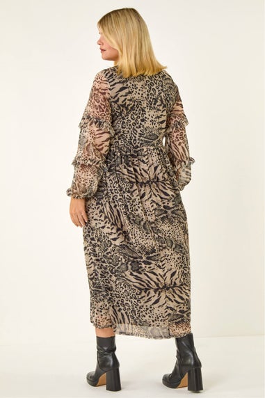 Roman Black Curve Animal Print Frill Midi Dress