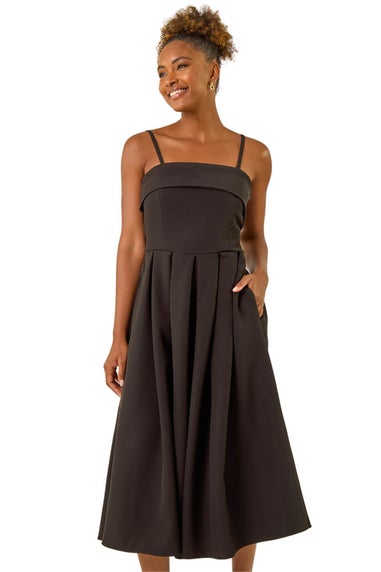 Roman Black Bardot Premium Stretch Midi Dress