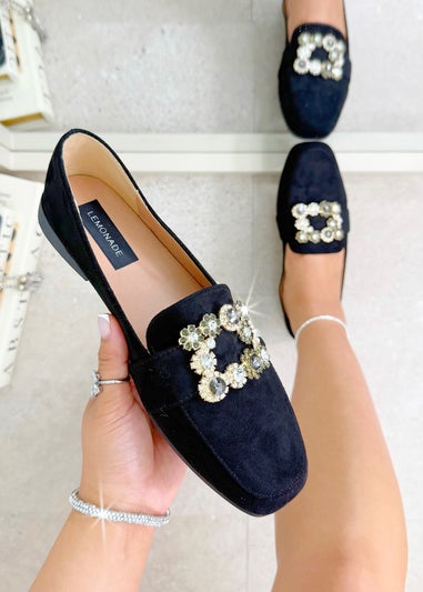 Love Lemonade Black Crystal Buckle Blossom Loafers