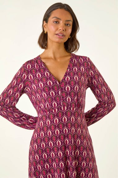 Roman Red Geo Print V-Neck Stretch Midi Dress