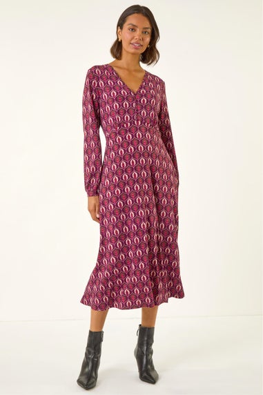 Roman Red Geo Print V-Neck Stretch Midi Dress